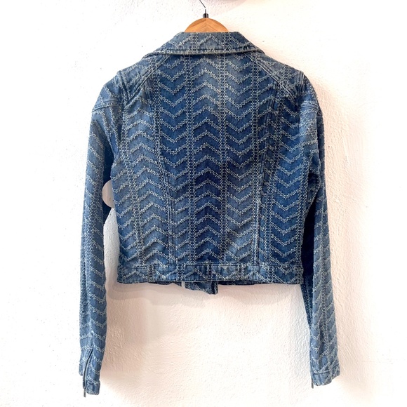 Free People Punched Denim Moto Jacket in Chevy Blue Chevron - Picture 2 of 10